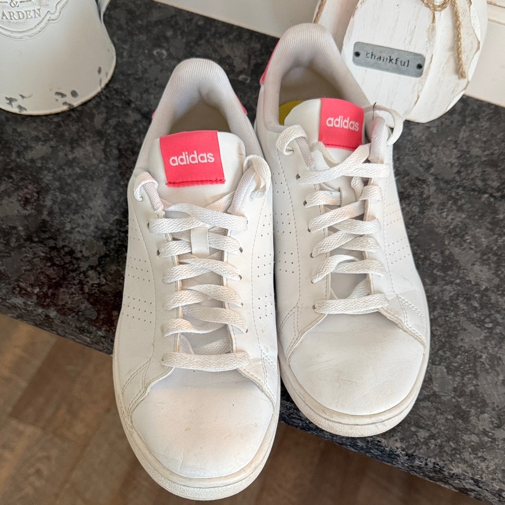 adidas White Sneakers with Pink Tongue Accent